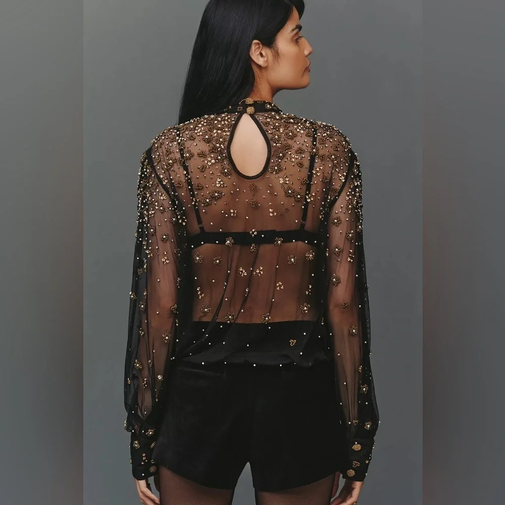 FARM RIO Mock Neck Sheer Embroidered Blouse
